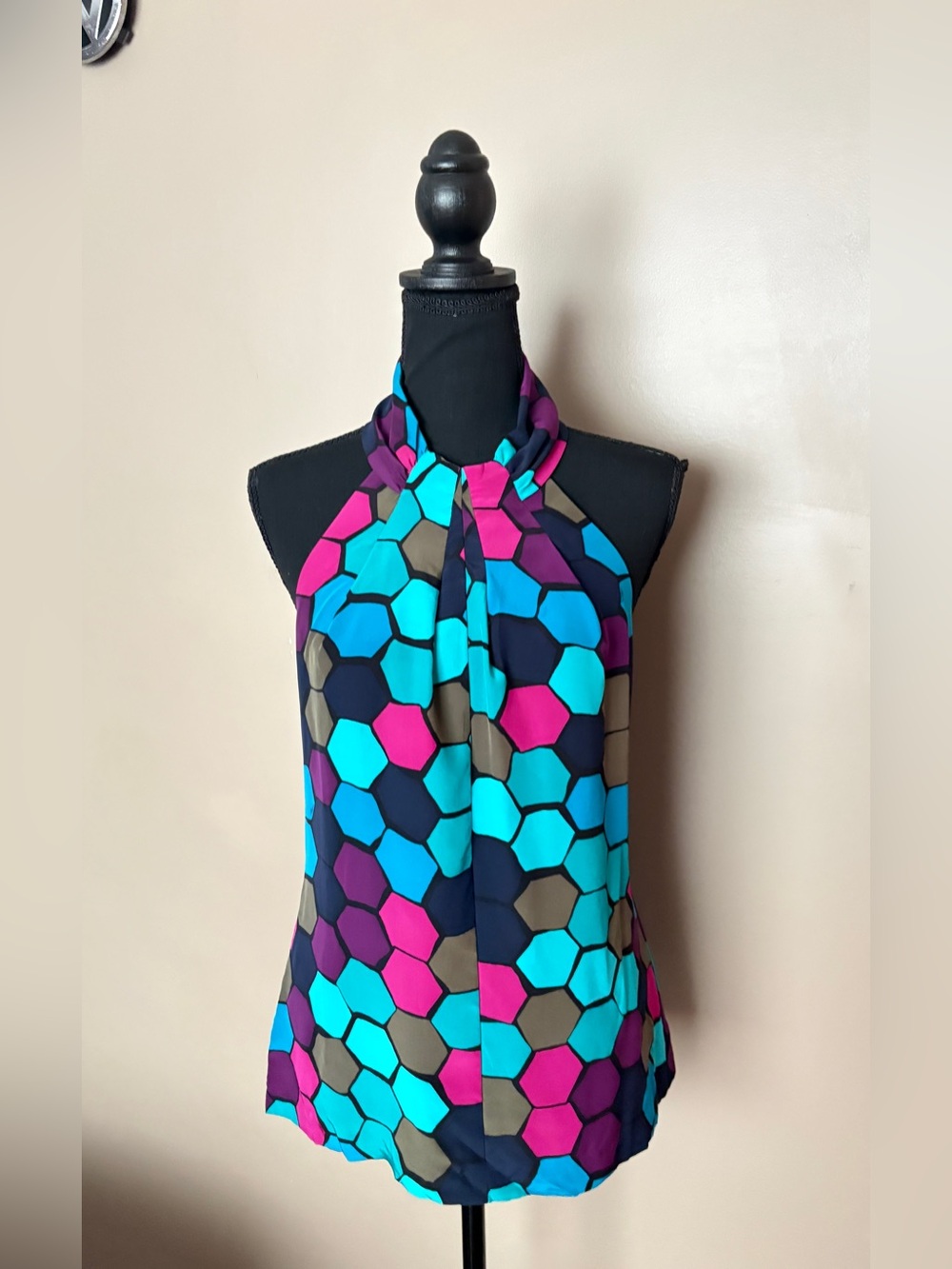 Trina Turk 100% silk halter top retro honeycomb purple teal sexy chic blouse 4